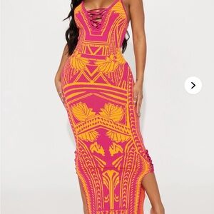 FashionNova Vibrant Pink and Orange Maxi Dress